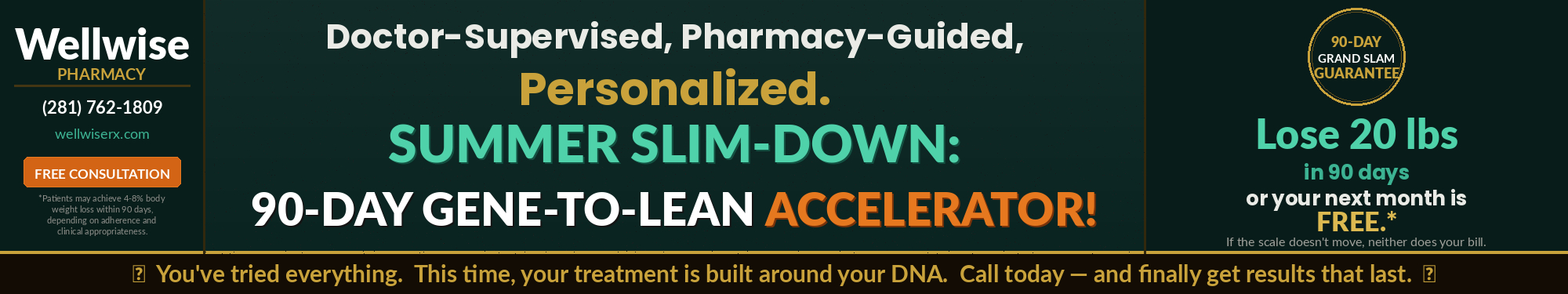 Wellwise Pharmacy banner: doctor-supervised, pharmacy-guided, personalized GLP-1 and DNA-optimized weight loss program offering 20 lb loss in 90 days or next month free (ad copy).