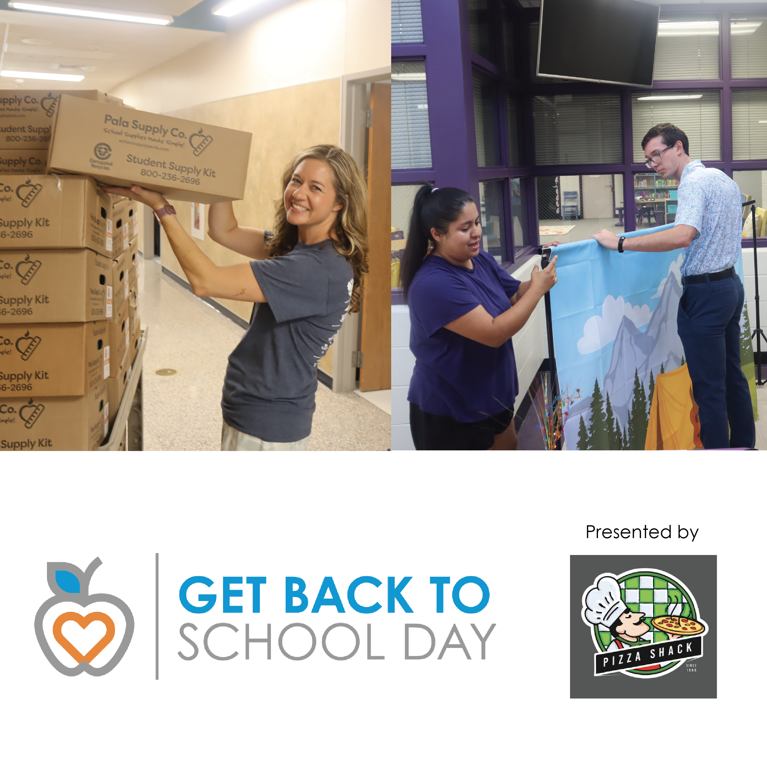 GBTSDv2 Two volunteers in a school hallway stack boxes labeled Student Supply Kit while a backdrop with a mountain scene is being set up.