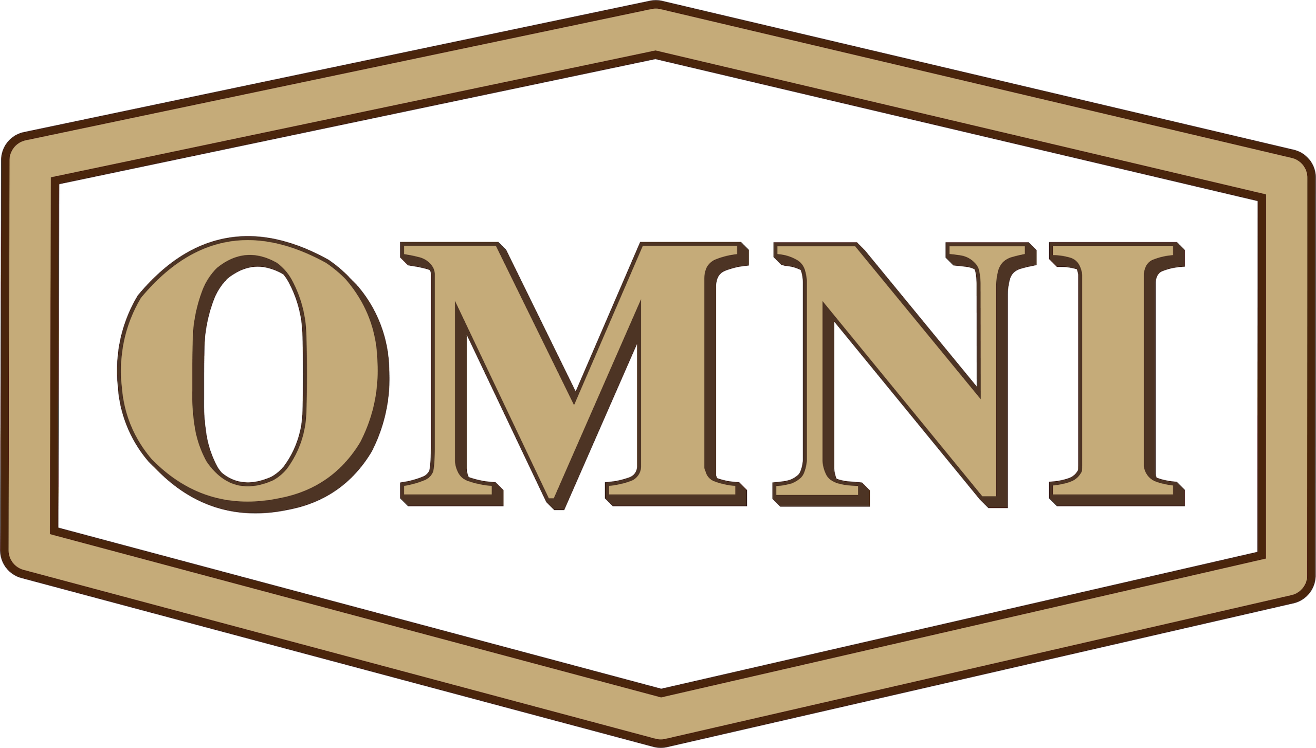 Logo badge with the word OMNI in gold lettering inside a tan hexagonal frame outlined in brown