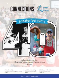 Cover image for a Chamber publication: 'Lobsterfest turns 40' banner over a busy event photo with a cook grilling lobster and the Conroe/Lake Conroe Chamber logo in the background.